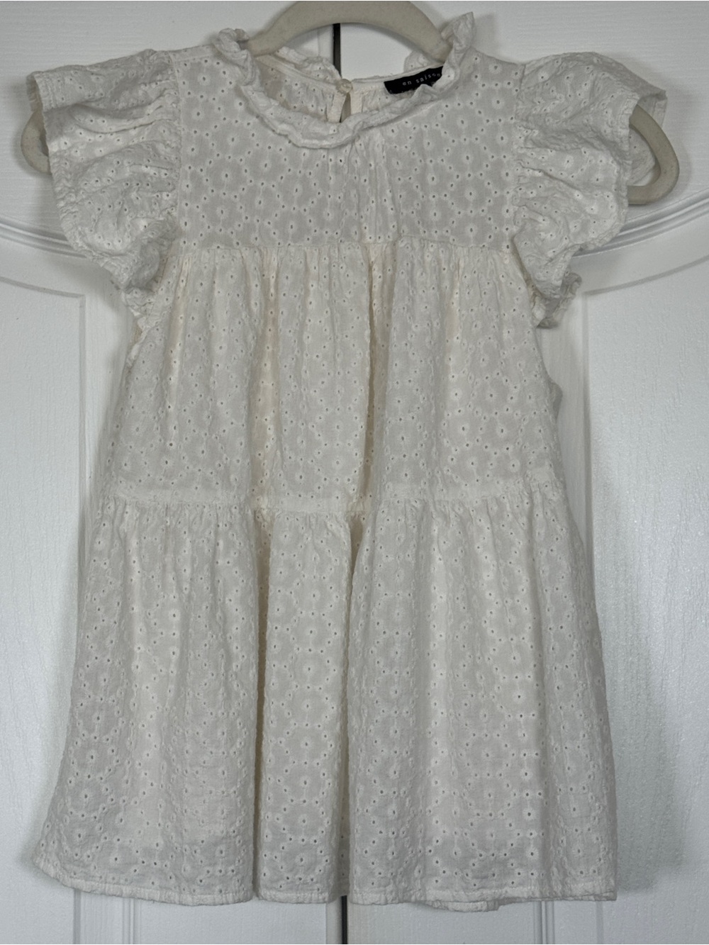 En Saison White Eyelet Cotton Ruffle Collar Flutter Sleeve Babydoll Top XS